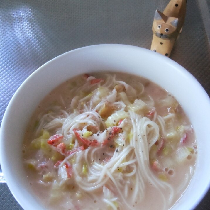 お鍋一つで簡単かに入り豆乳にゅうめん